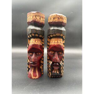 Hand Carved Wooden Jamaican Tiki Totem Sculptures Figures Book Ends, Art
